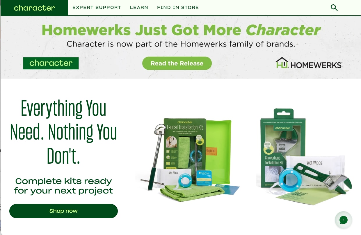 Character homepage with a Homewerks banner, the Everything you need headline and two kits