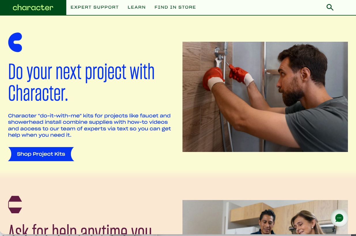 Section introducing do-it-with-me kits with a photo of a man fitting a shower