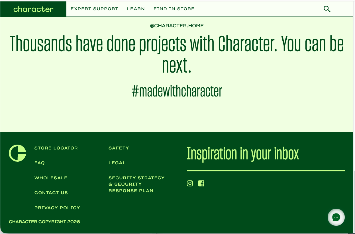 Footer with the #madewithcharacter line, links and a newsletter sign-up