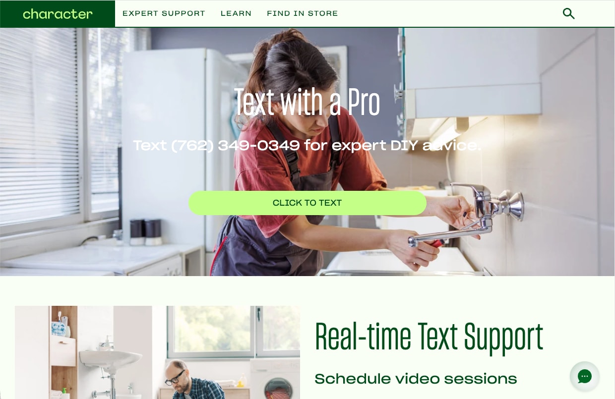 Text with a pro section with a support number and Click to text button over a photo