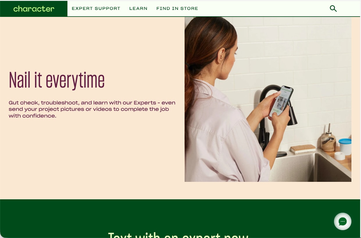 Section about expert help with a woman texting from her kitchen