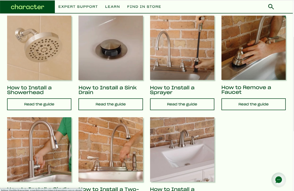 Grid of how-to guide cards for showerheads, drains, sprayers and faucets