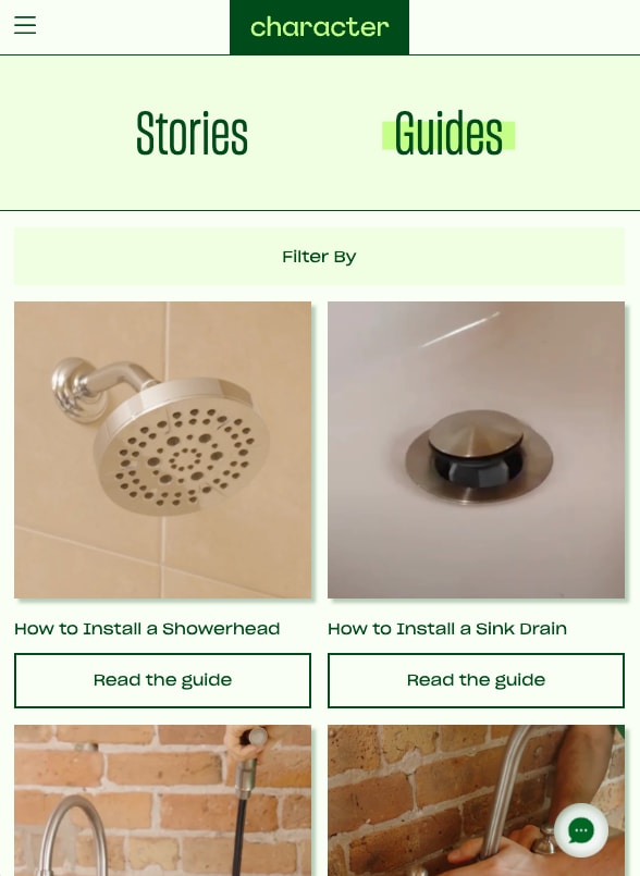 Stories and guides page with a filter and guide cards, on a phone