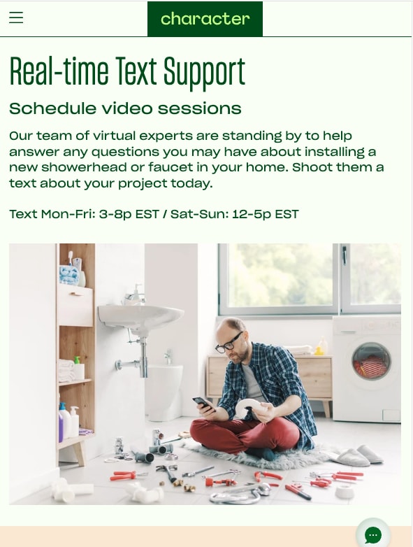 Real-time text support section with support hours and a photo, on a phone